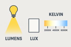ljudtekniska termer som lux, lumen och kelvin